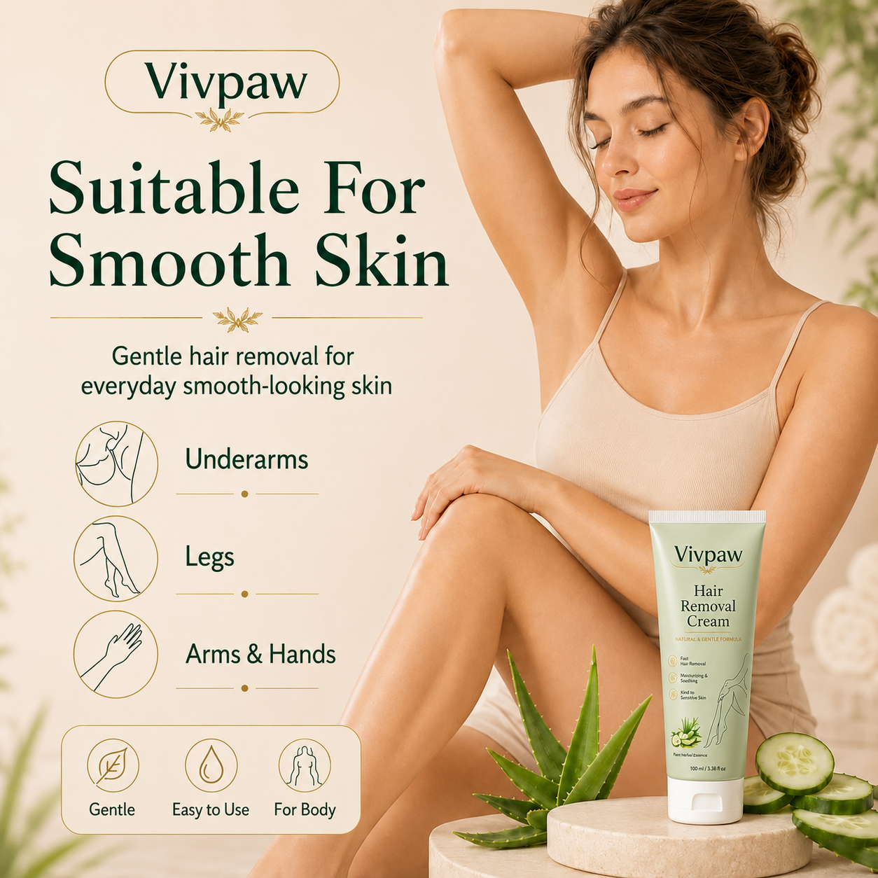 Vivpaw Natural Gentle Hair Removal Cream | For Women & Men, Sensitive Skin