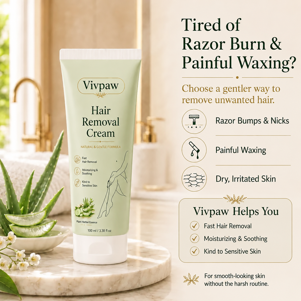 Vivpaw Natural Gentle Hair Removal Cream | For Women & Men, Sensitive Skin
