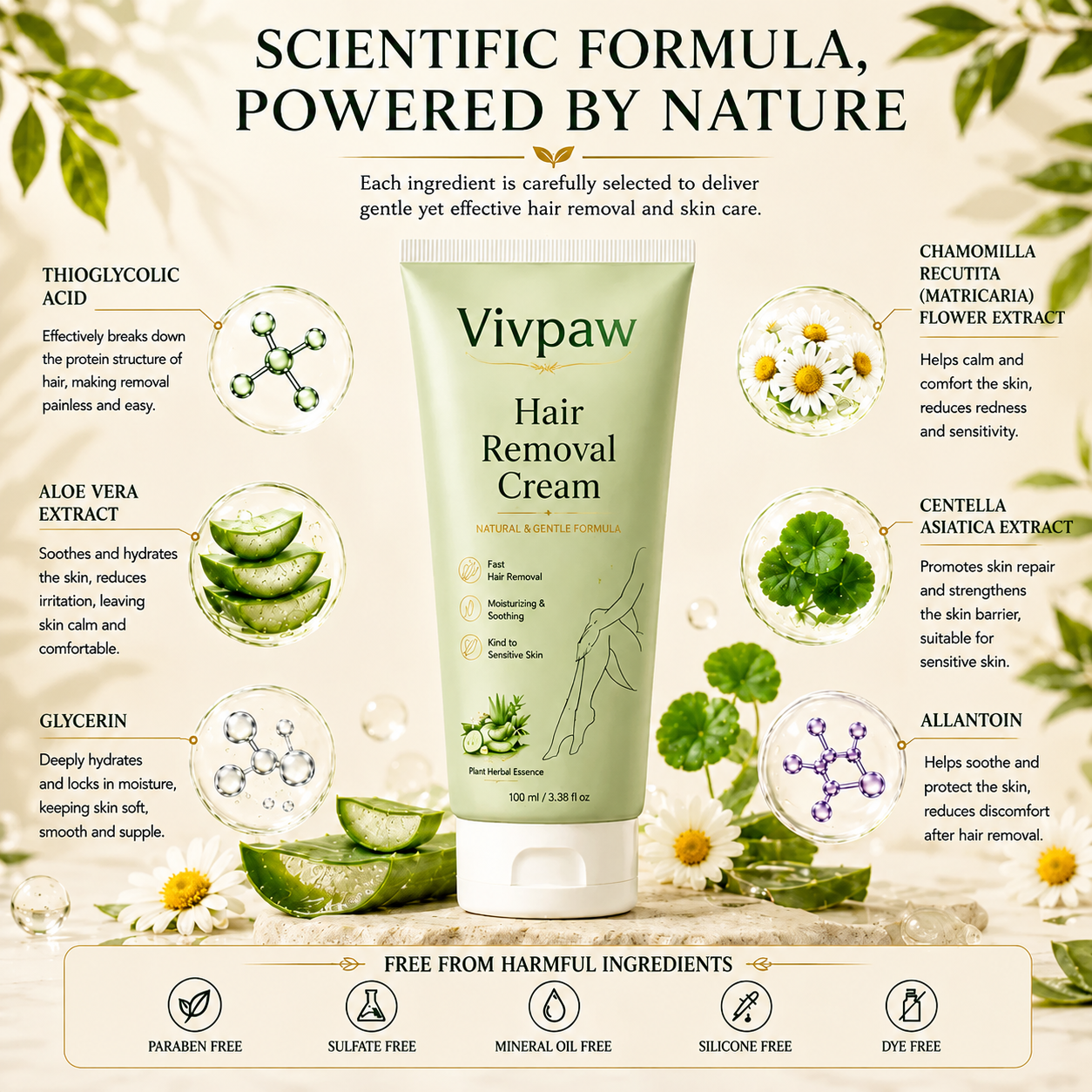 Vivpaw Natural Gentle Hair Removal Cream | For Women & Men, Sensitive Skin