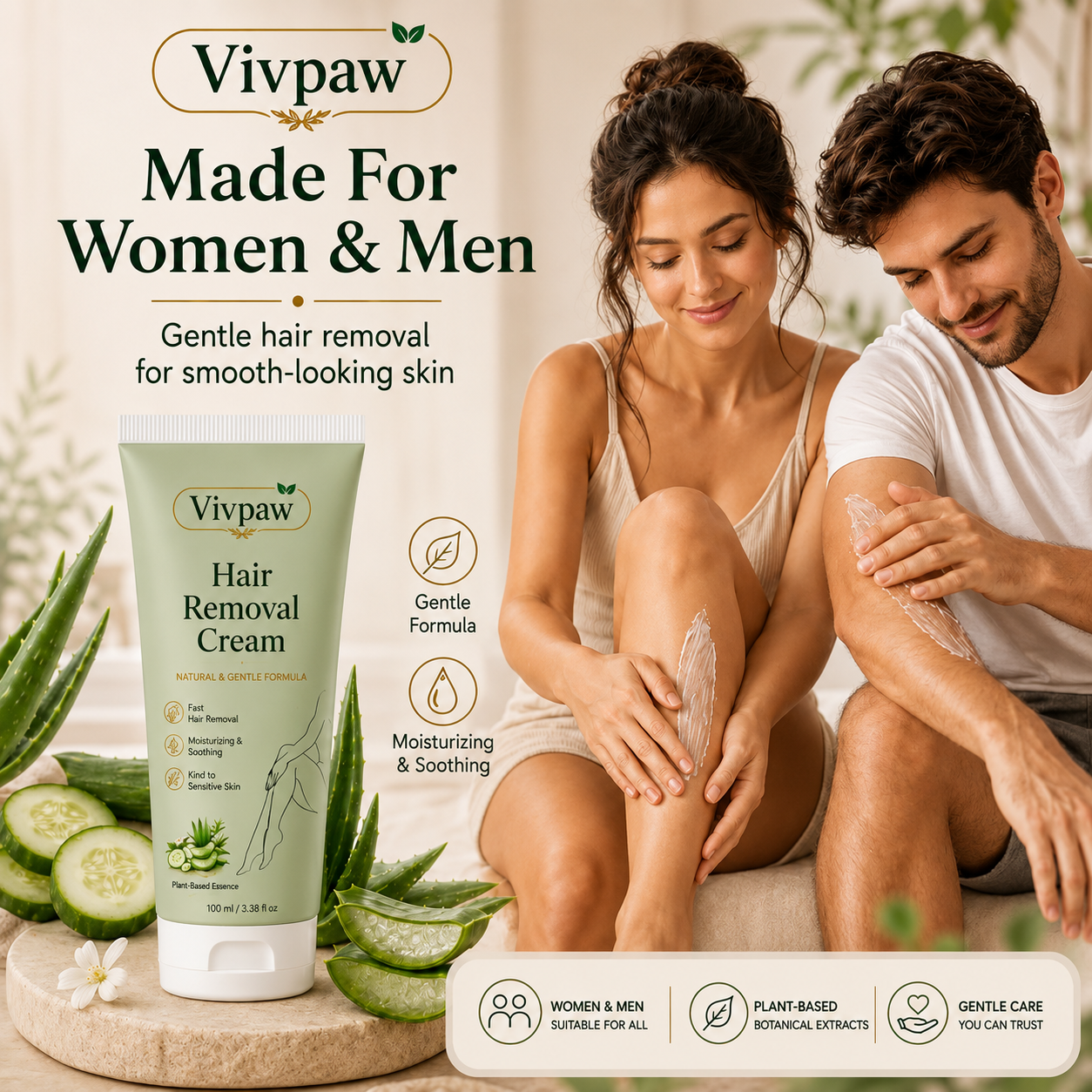 Vivpaw Natural Gentle Hair Removal Cream | For Women & Men, Sensitive Skin