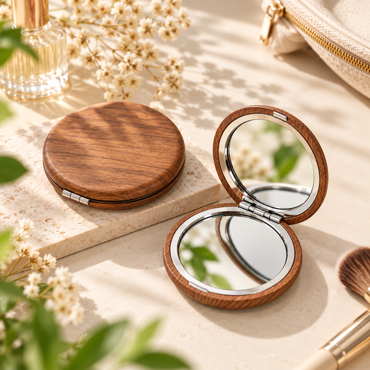 Portable Wood Grain Compact Mirror – Foldable Travel Makeup Mirror for Touch-Ups